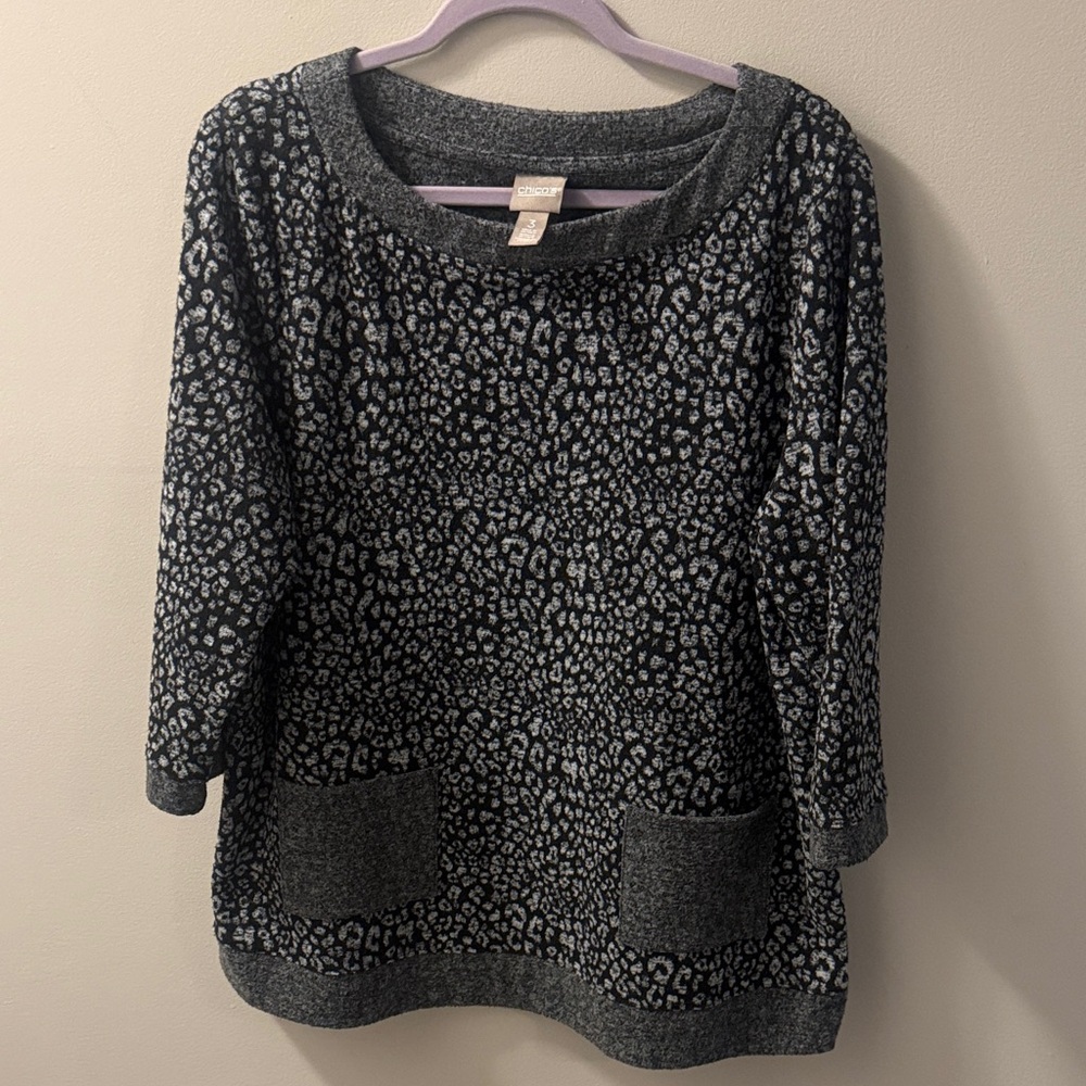 Chico's Gray and Black Leopard Print Top